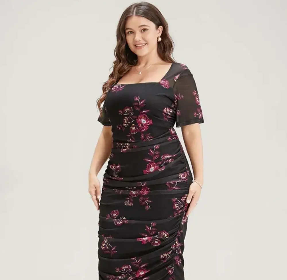 BloomChic Plus Size 2x 18-20 Floral Mesh Square Neck Ruched Midi Dress_2